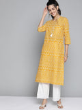 HERE&NOW Women Mustard Yellow & White Bandhani Printed Gotta Patti Kurta