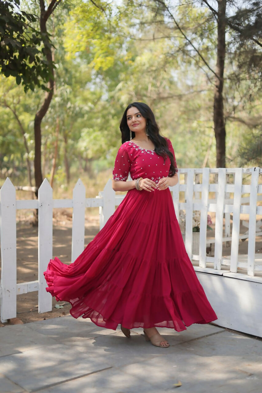 Vastranavya Faux Blooming with Beads embroidery-work Gown - Pink