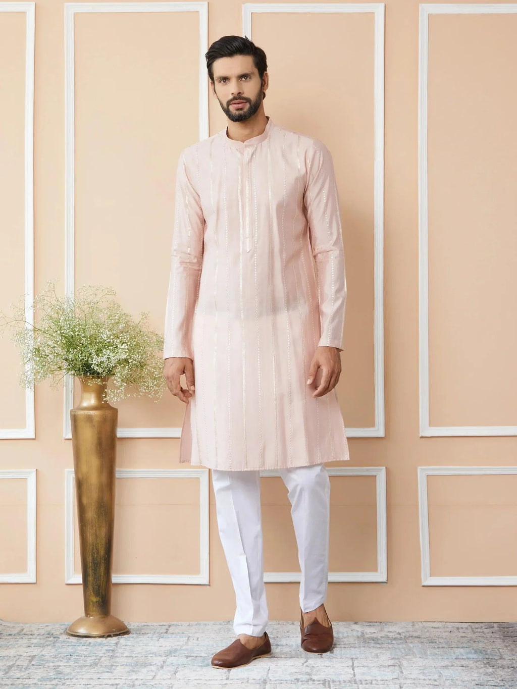 Fabmade Pink Embroidered Regular Sequinned Chanderi Silk Kurta With Pyjamas
