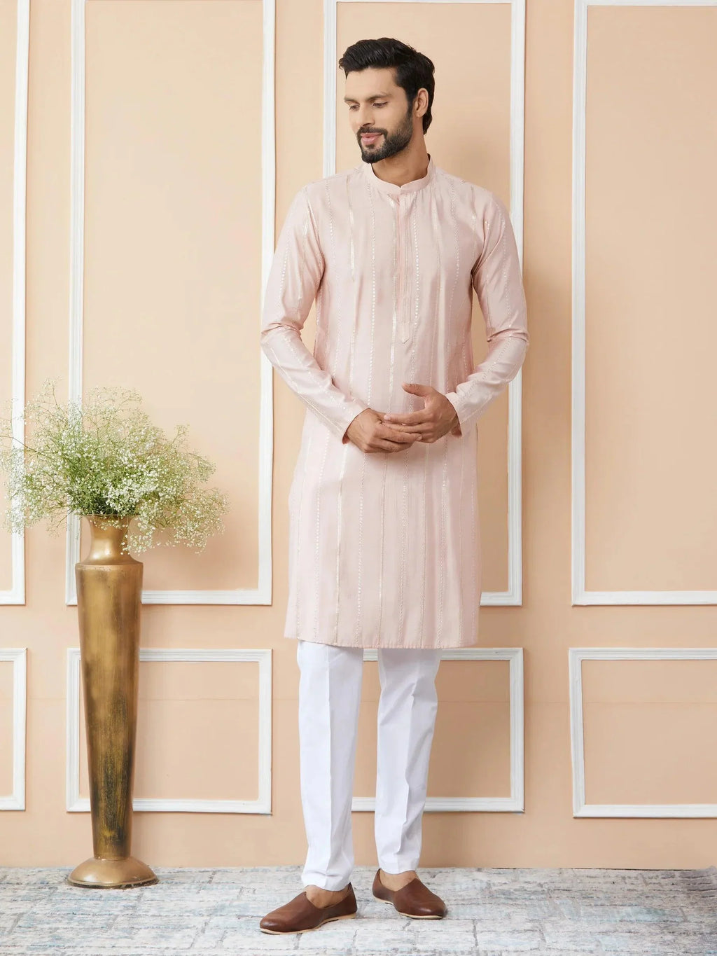 Fabmade Pink Embroidered Regular Sequinned Chanderi Silk Kurta With Pyjamas