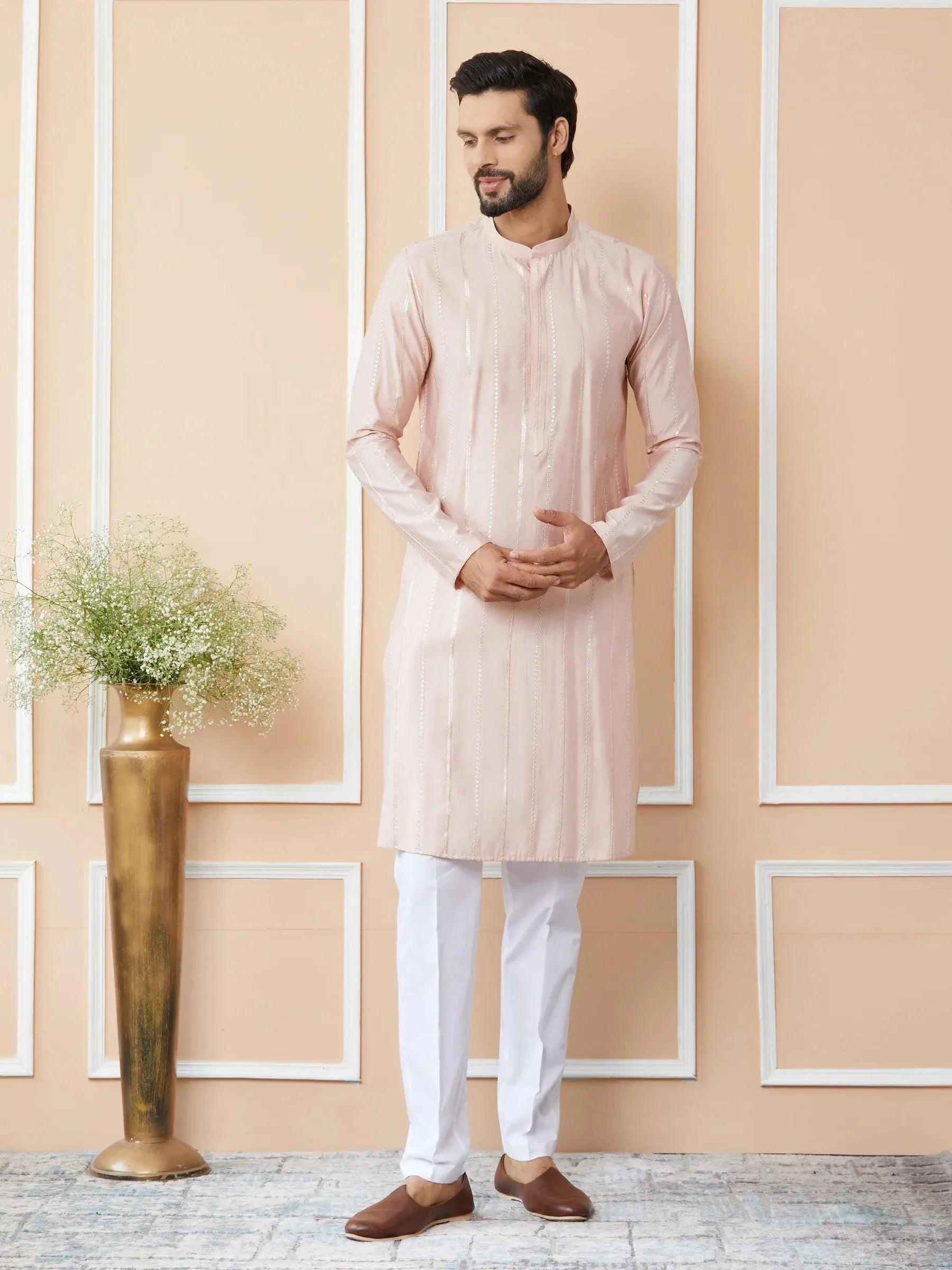 Fabmade Pink Embroidered Regular Sequinned Chanderi Silk Kurta With Pyjamas