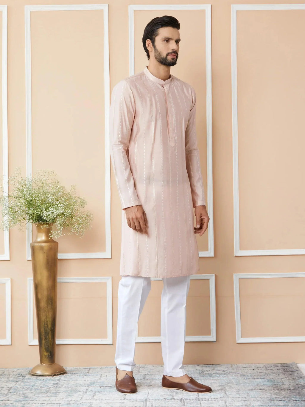 Fabmade Pink Embroidered Regular Sequinned Chanderi Silk Kurta With Pyjamas