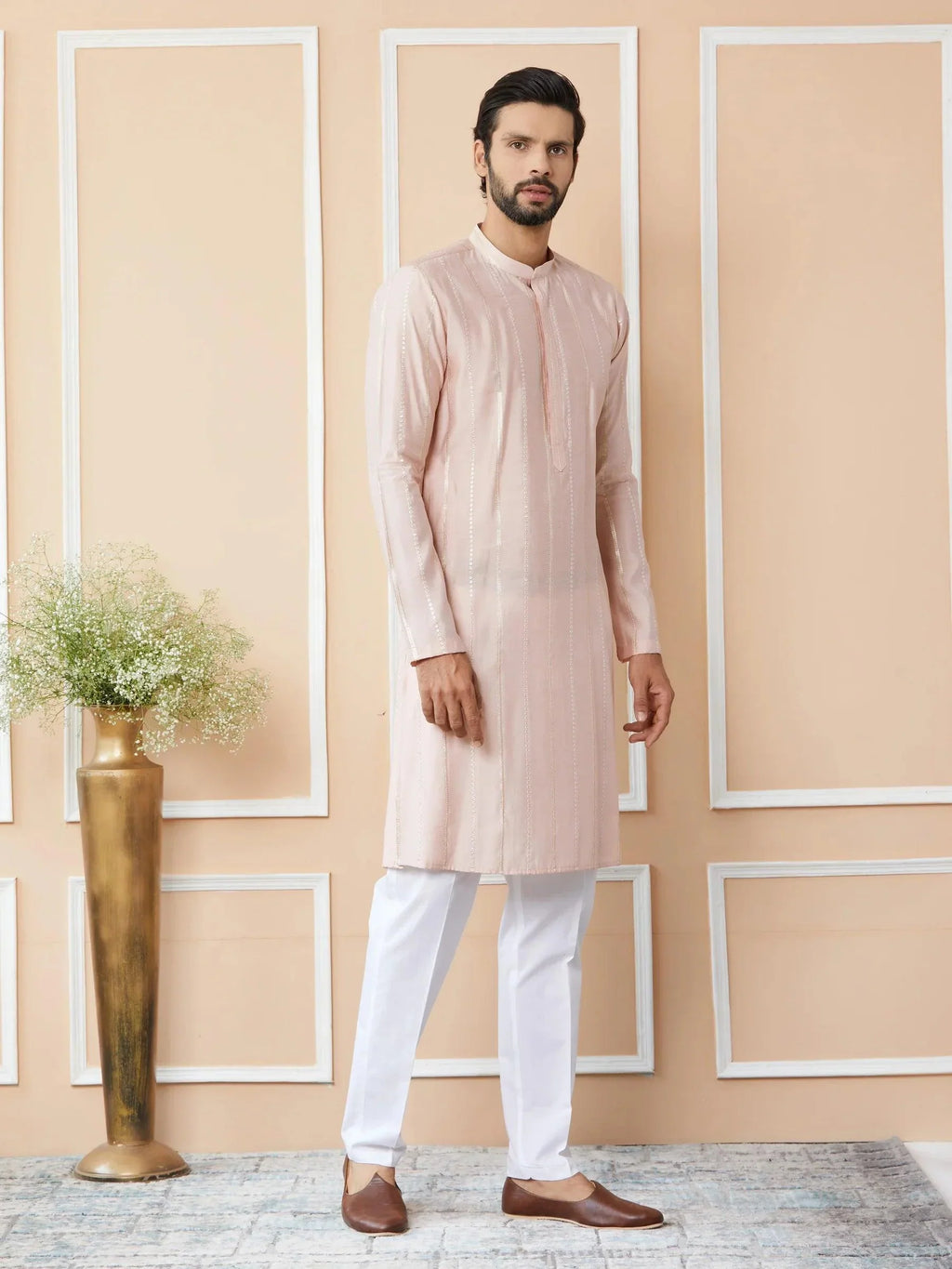 Fabmade Pink Embroidered Regular Sequinned Chanderi Silk Kurta With Pyjamas
