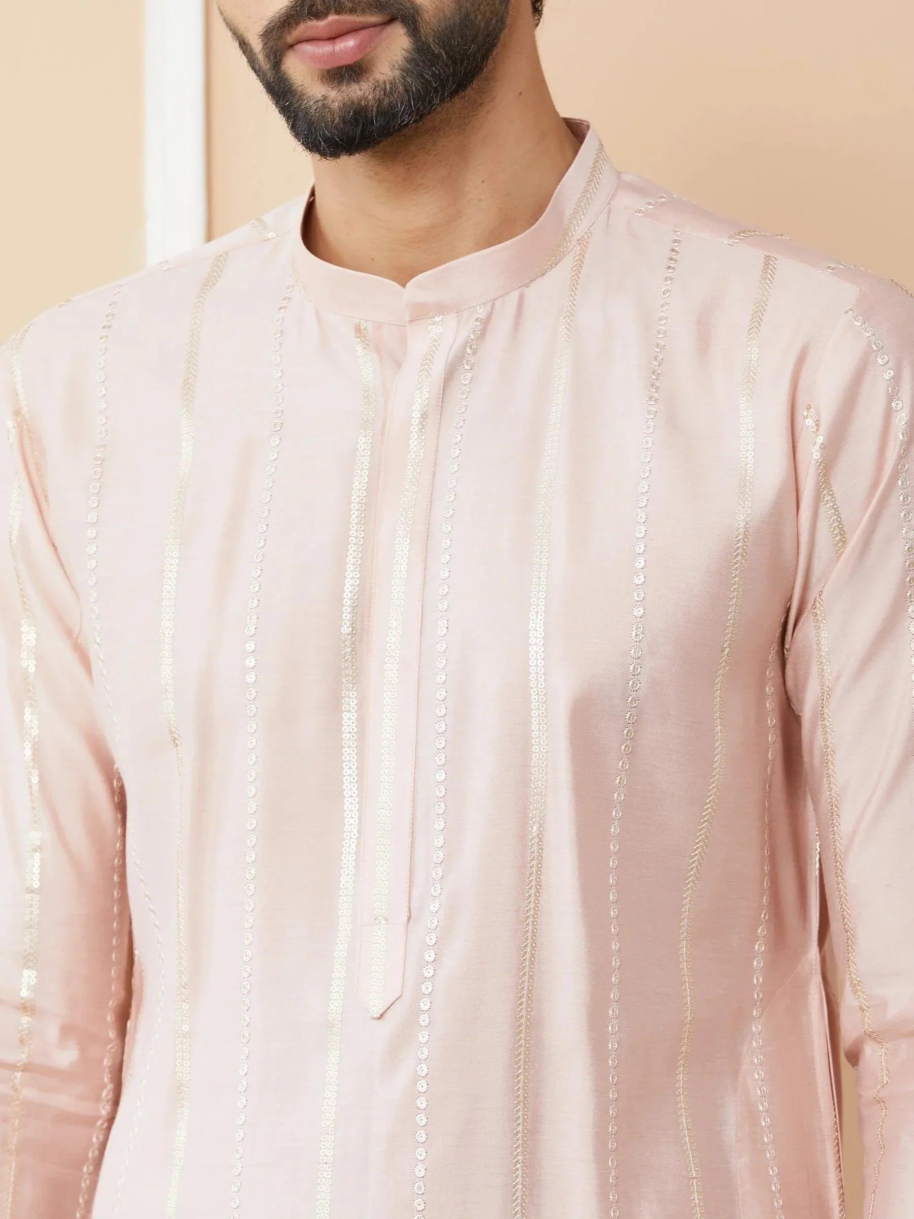 Fabmade Pink Embroidered Regular Sequinned Chanderi Silk Kurta With Pyjamas