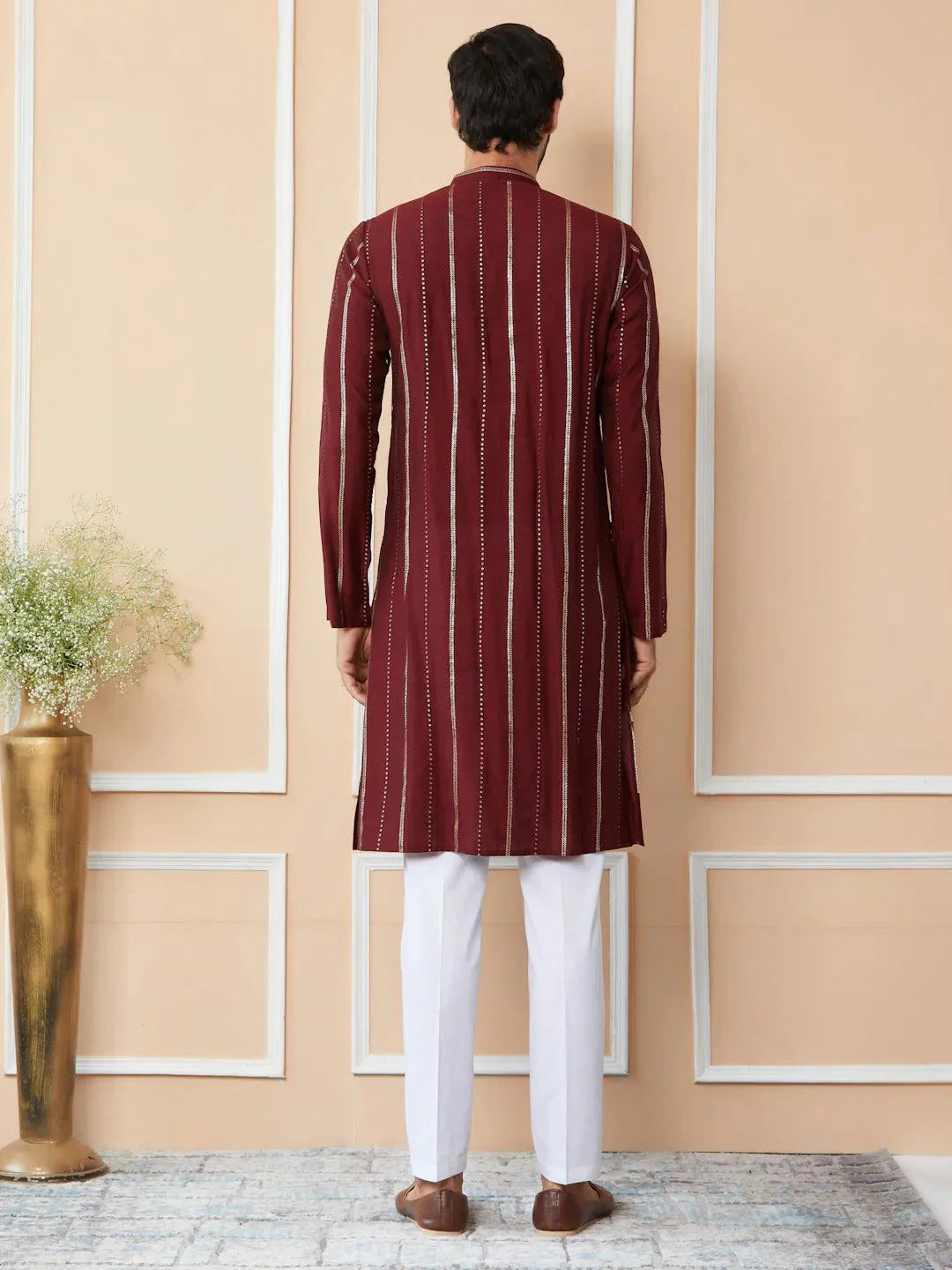 Fabmade Maroon Sequins Embroidered Pure Chanderi Silk Straight Kurta Pyjama