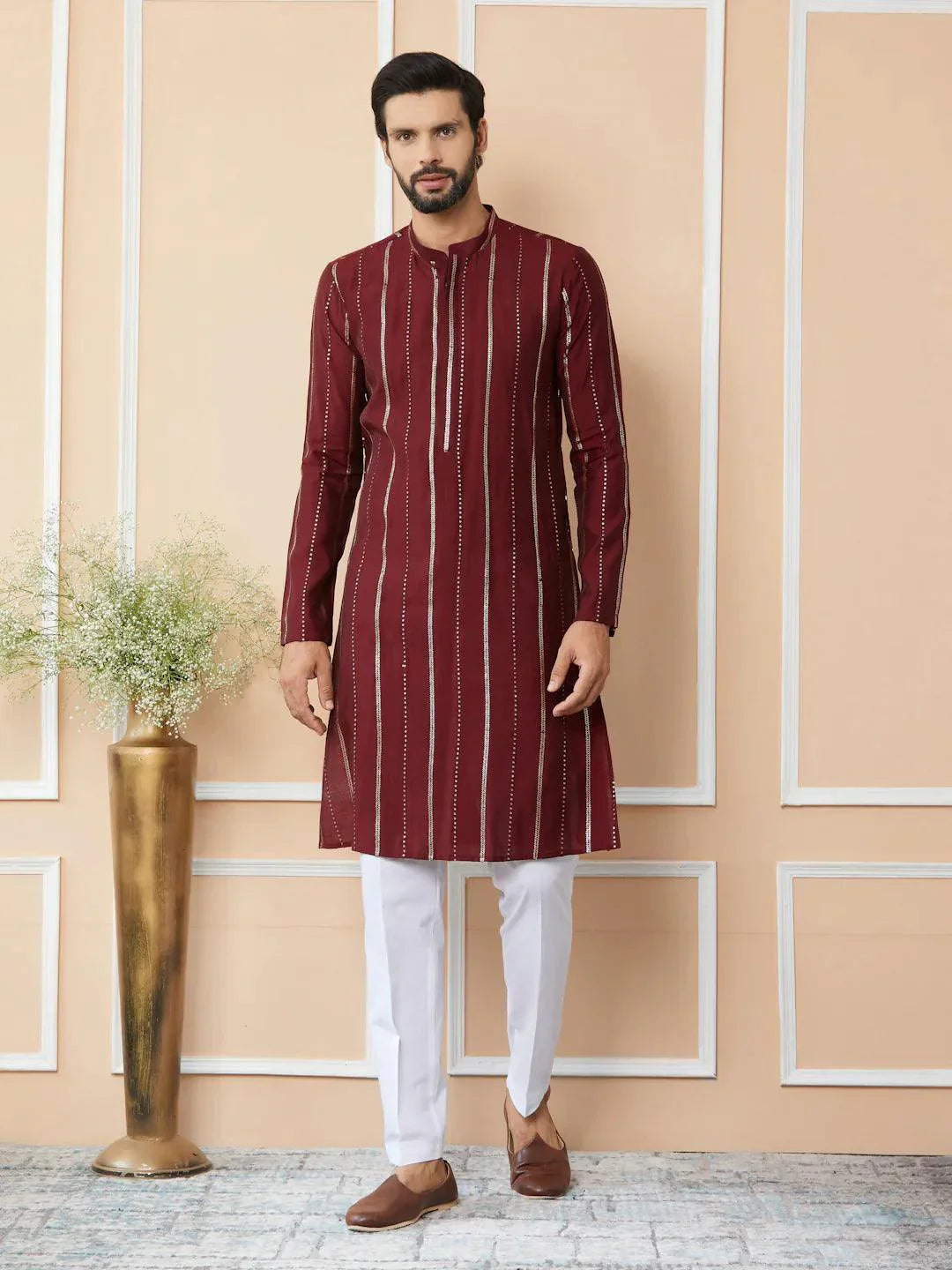 Fabmade Maroon Sequins Embroidered Pure Chanderi Silk Straight Kurta Pyjama