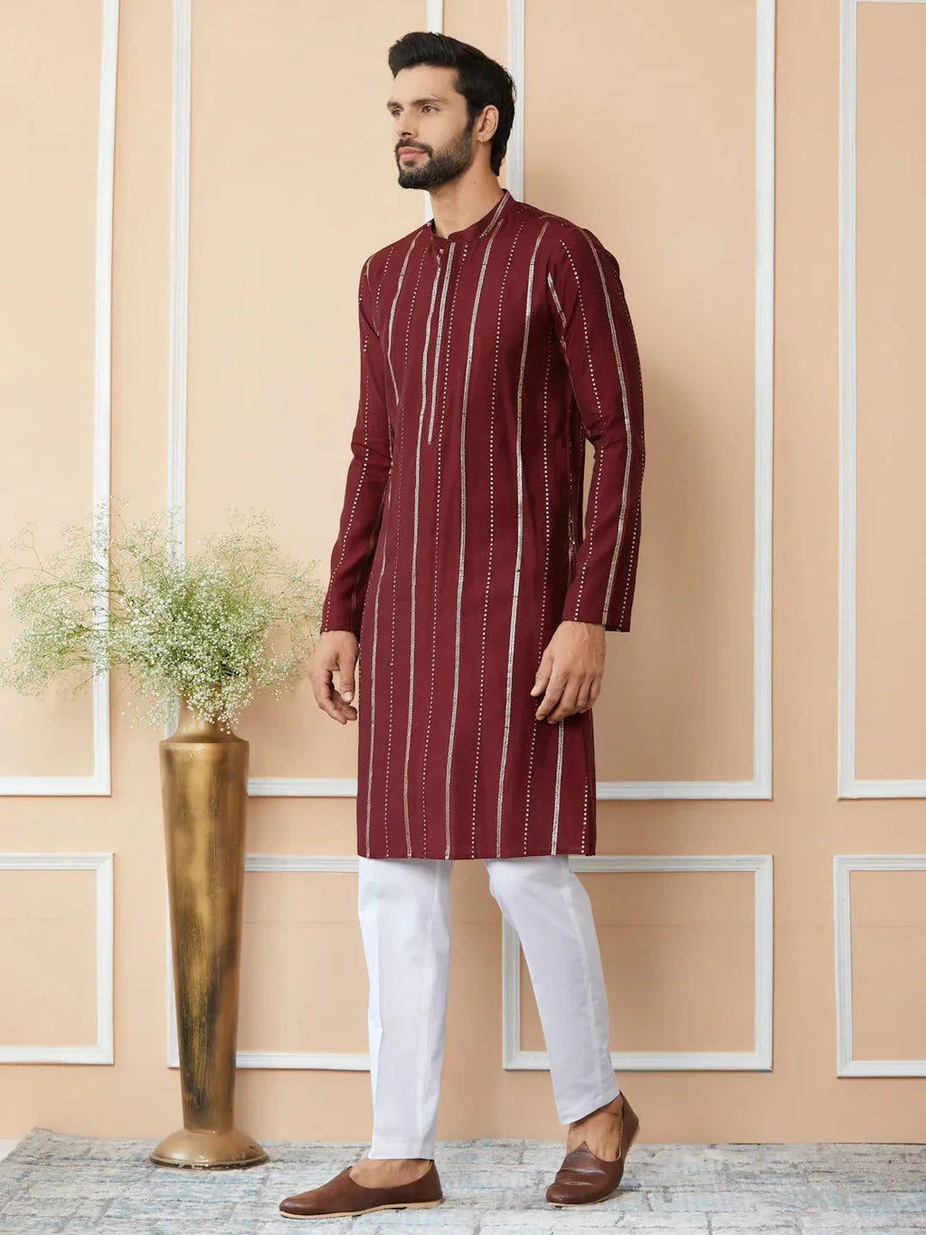 Fabmade Maroon Sequins Embroidered Pure Chanderi Silk Straight Kurta Pyjama