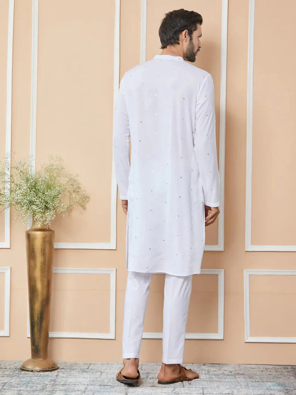 Fabmade White Sequins Embroidered Rayon Straight Kurta Pyjama With Yoke Design
