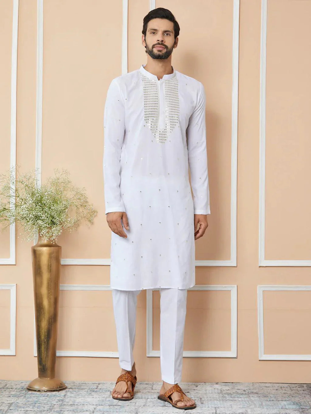 Fabmade White Sequins Embroidered Rayon Straight Kurta Pyjama With Yoke Design