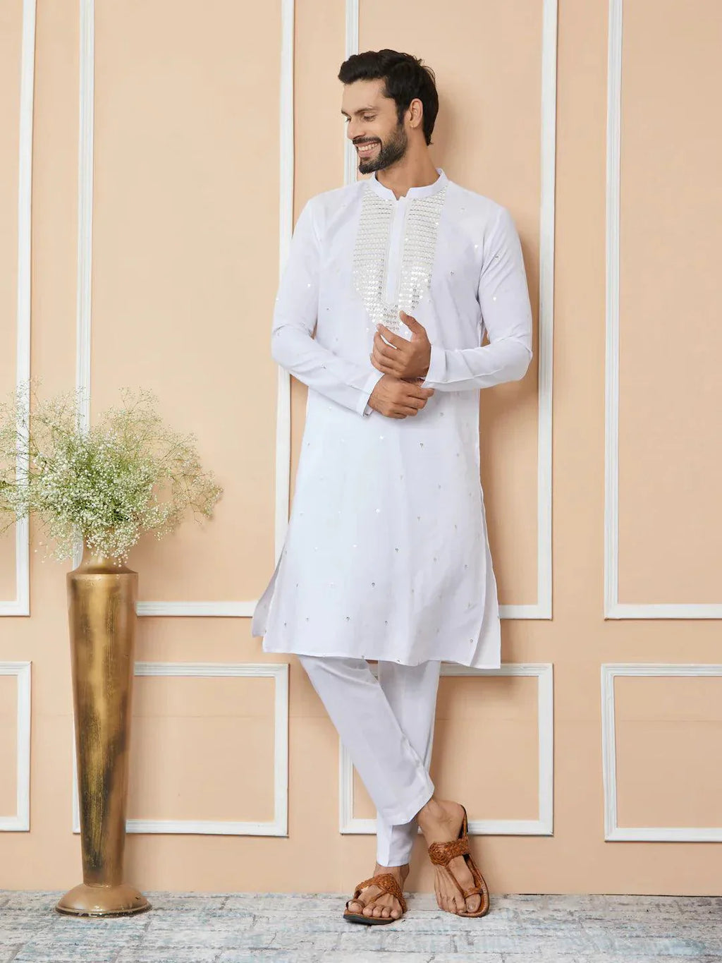 Fabmade White Sequins Embroidered Rayon Straight Kurta Pyjama With Yoke Design