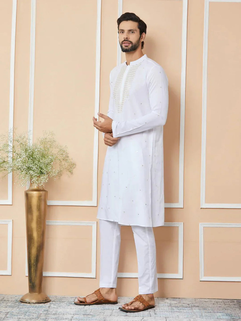 Fabmade White Sequins Embroidered Rayon Straight Kurta Pyjama With Yoke Design