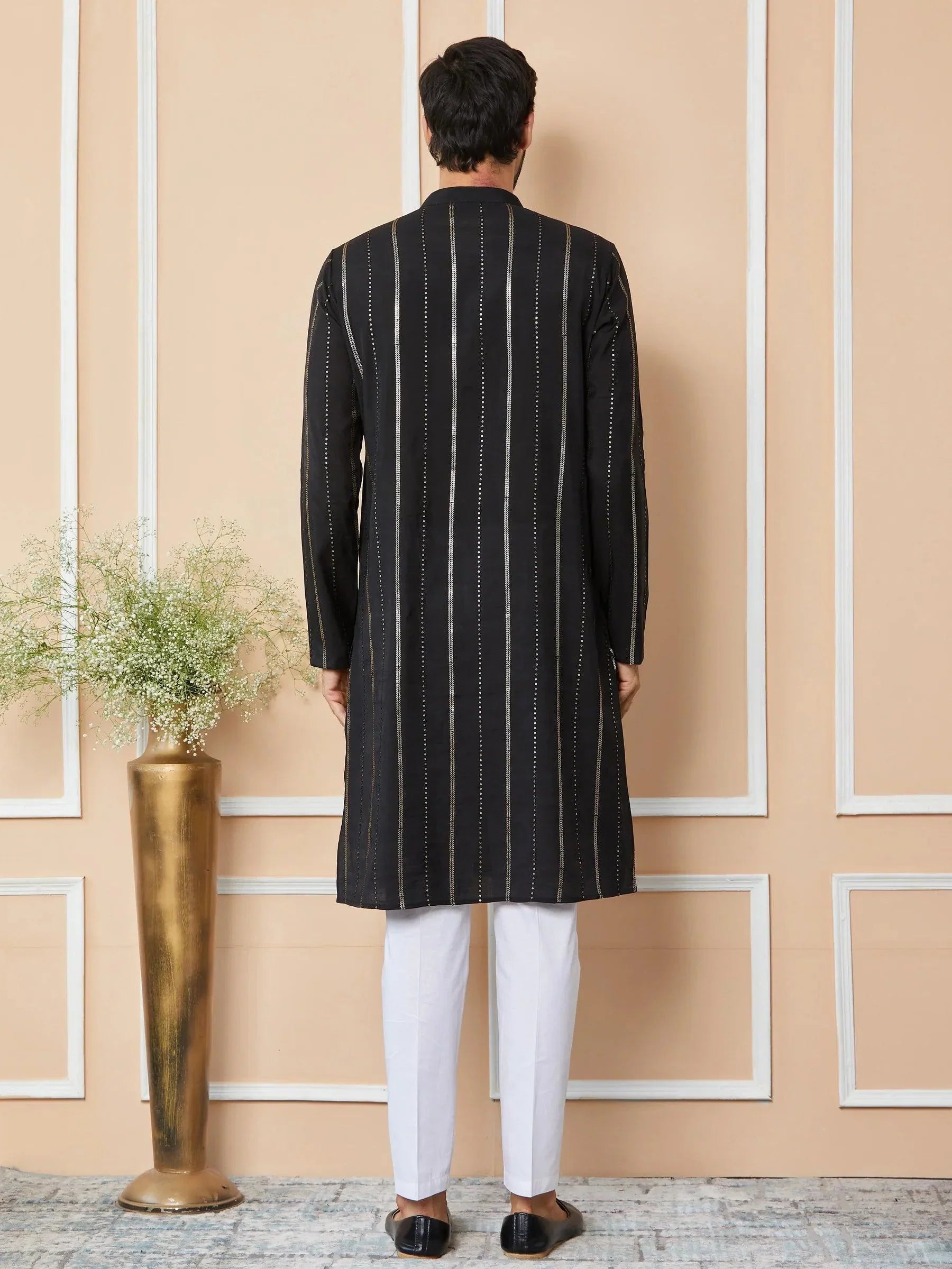 Fabmade Mandarin Collar Long Sleeves Sequined Straight Kurta Pyjama