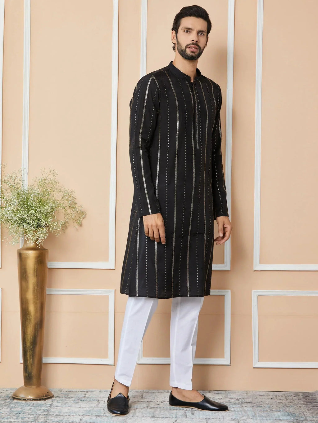 Fabmade Mandarin Collar Long Sleeves Sequined Straight Kurta Pyjama