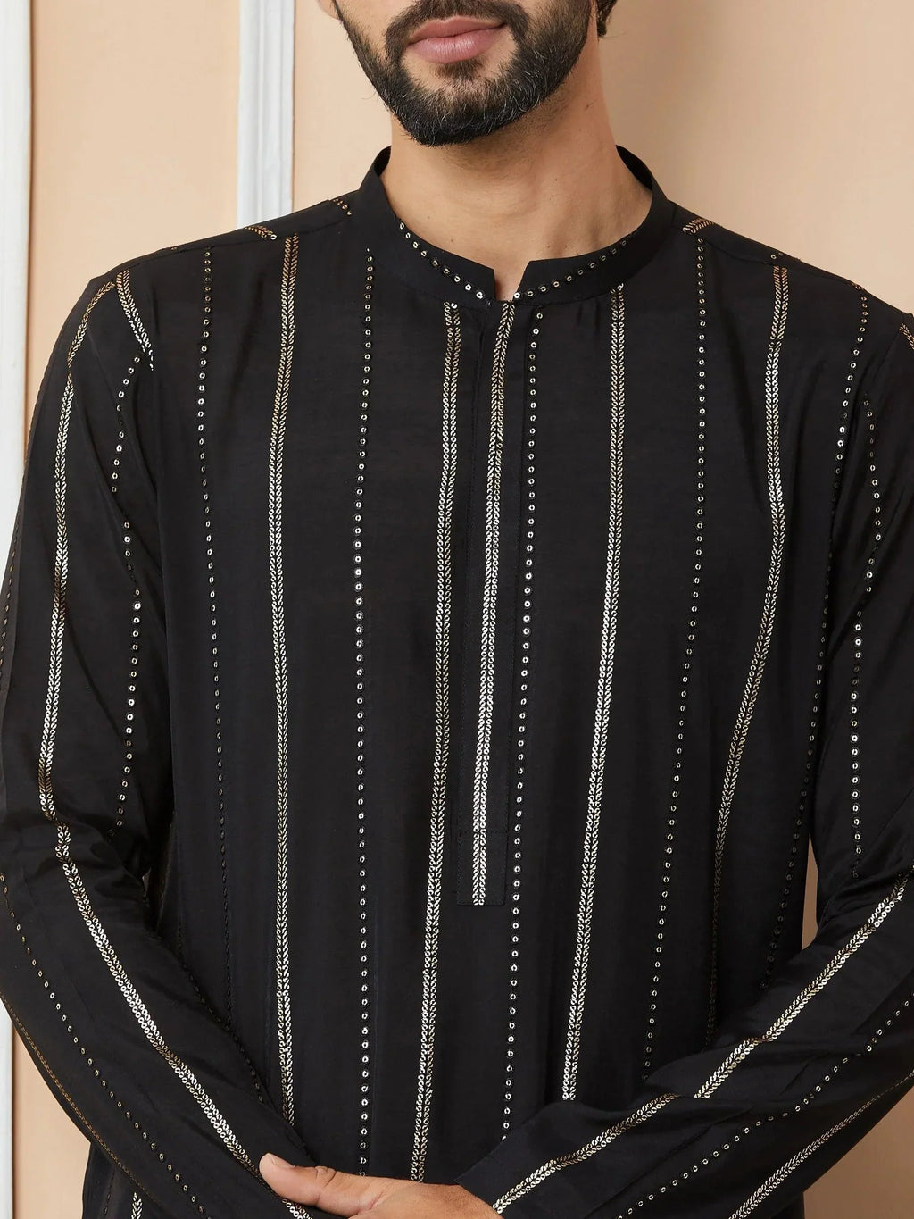 Fabmade Mandarin Collar Long Sleeves Sequined Straight Kurta Pyjama