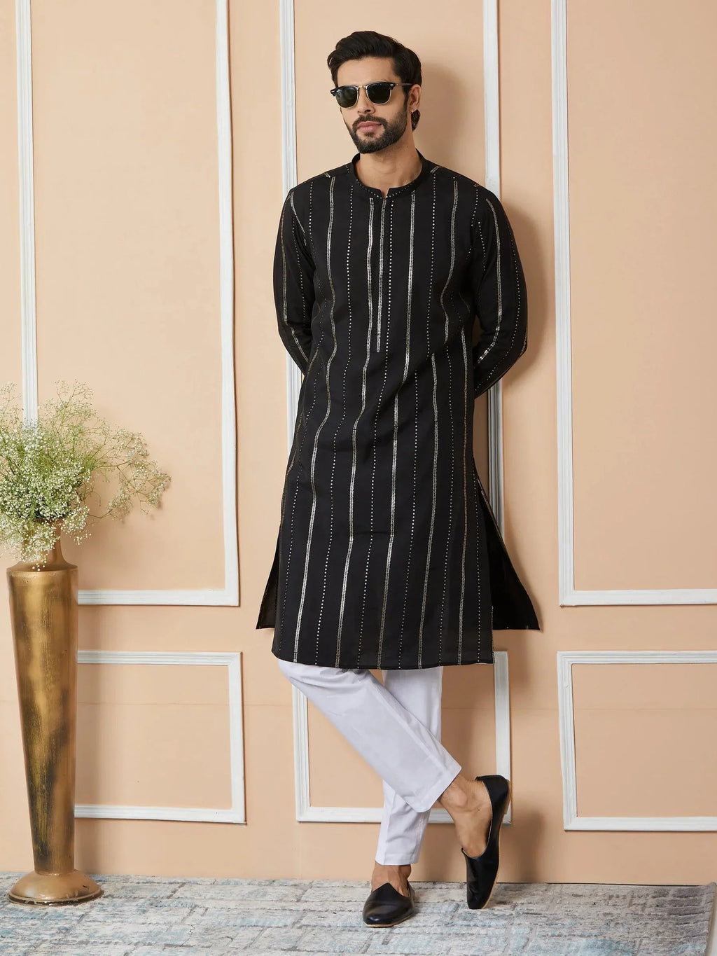 Fabmade Mandarin Collar Long Sleeves Sequined Straight Kurta Pyjama