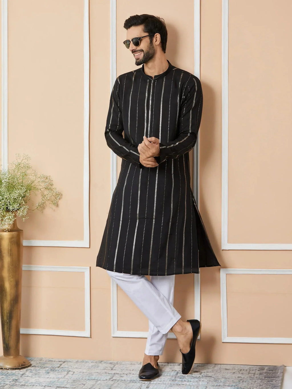 Fabmade Mandarin Collar Long Sleeves Sequined Straight Kurta Pyjama