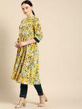 All About You Women Yellow Floral Print Regular Kurta with Trousers
