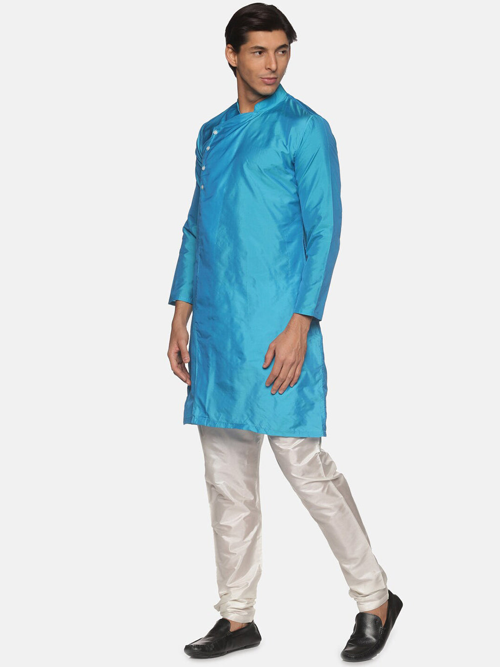 Sethukrishna Men Turquoise Blue Angrakha Kurta with Trousers