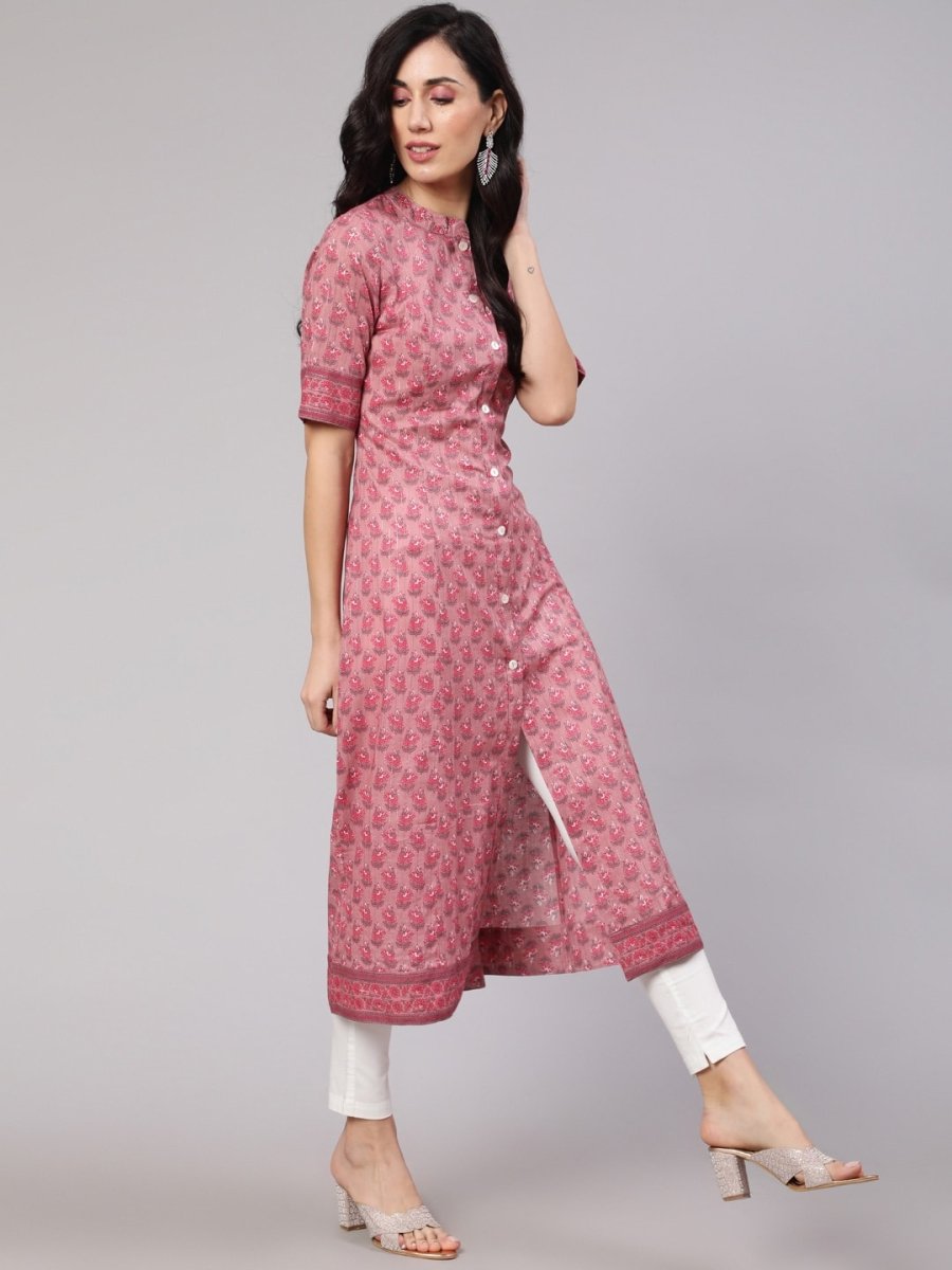 Aks Floral Printed Mandarin Collar A-line Kurta
