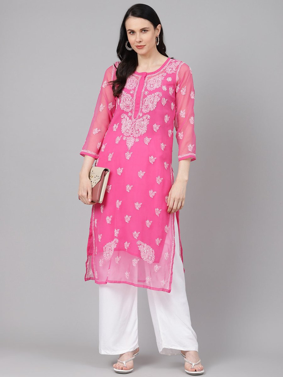 ADA Women Pink & White Sheer Chikankari Embroidered Straight Handloom Kurta with Inner