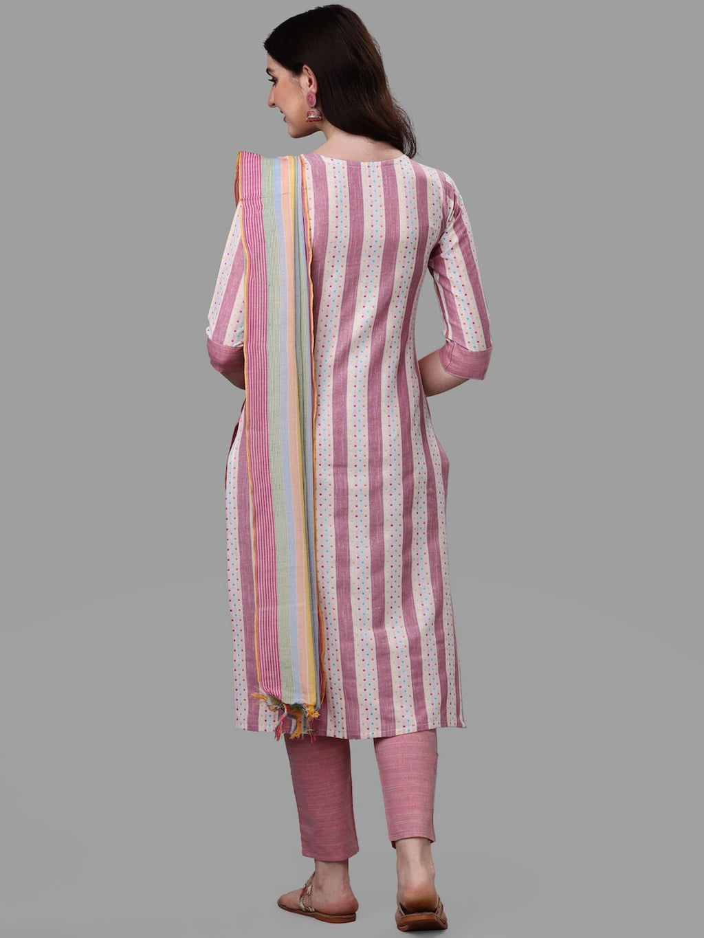 HERE&NOW Pink & White Striped Pure Cotton Kurta With Trousers & Dupatta
