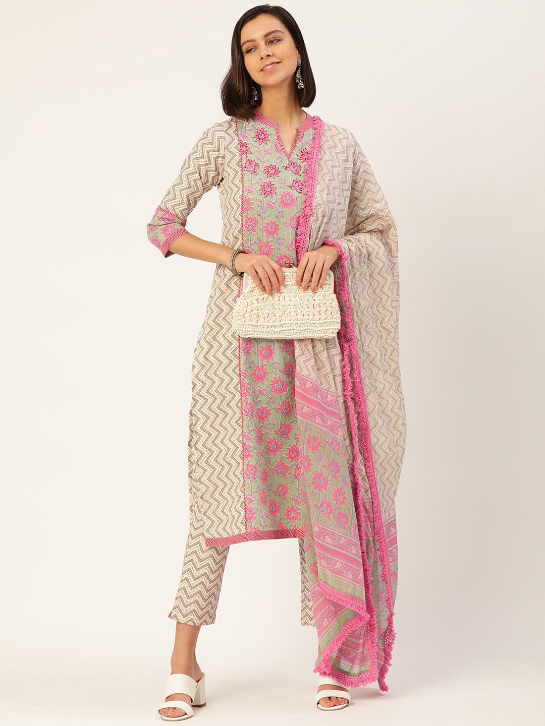 HERE&NOW Women Beige Floral Printed Kurta with Trousers & With Dupatta