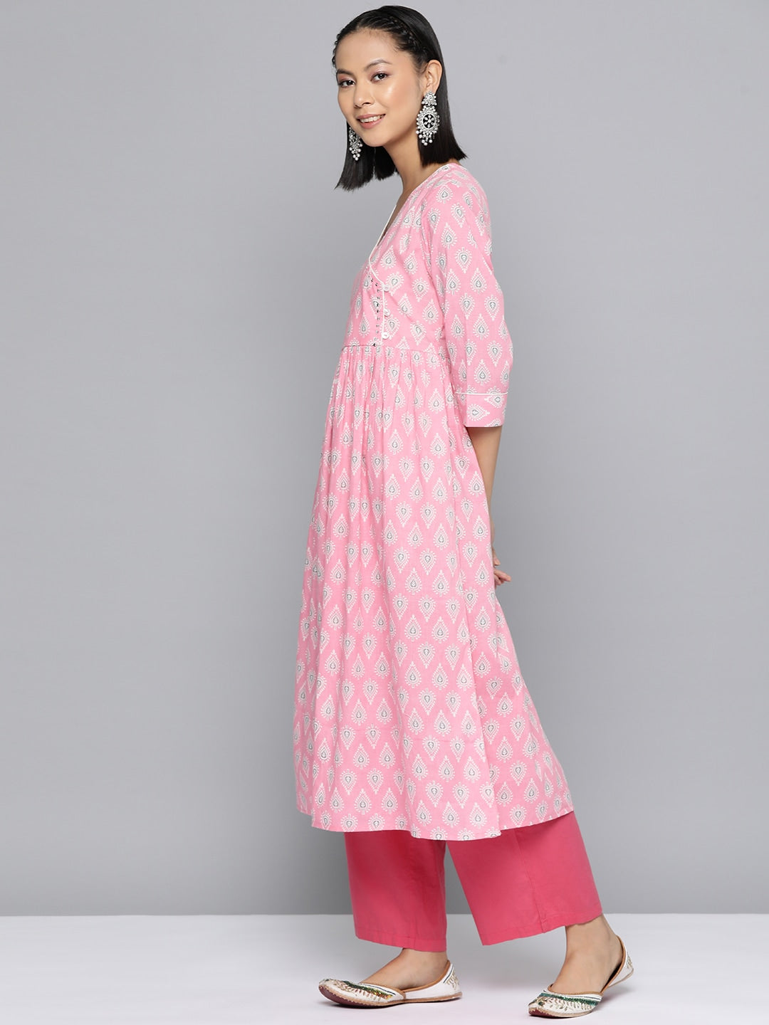 HERE&NOW Ethnic Motifs Printed Sequined Detail Angrakha Kurta
