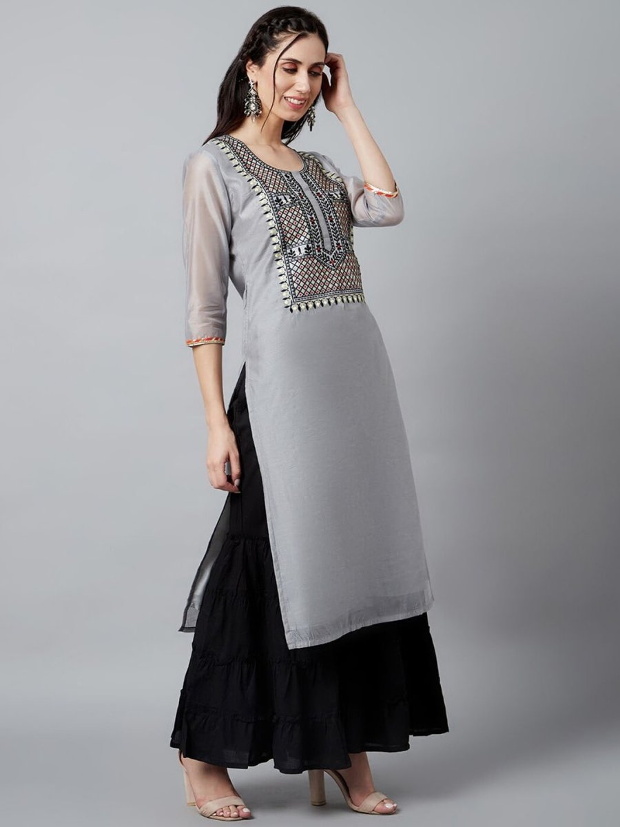 Aks Ethnic Motifs Yoke Design Thread Work Chanderi Silk Kurta
