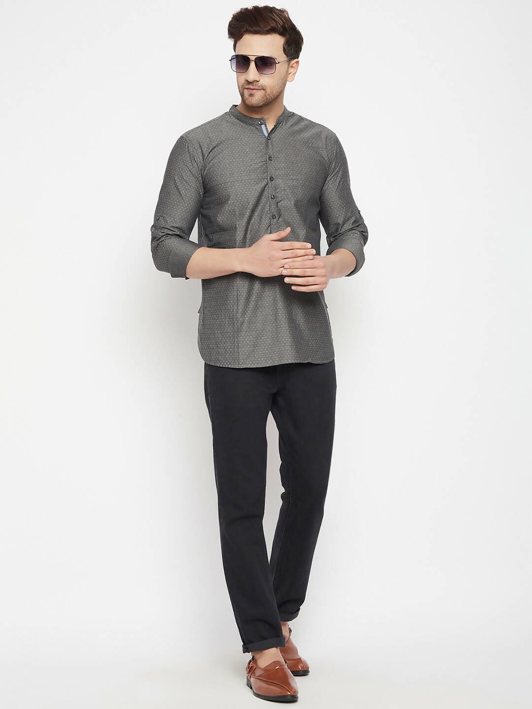 Even Apparels Grey Color Pure Cotton Short Men's Beautiful Kurta With Band Collar