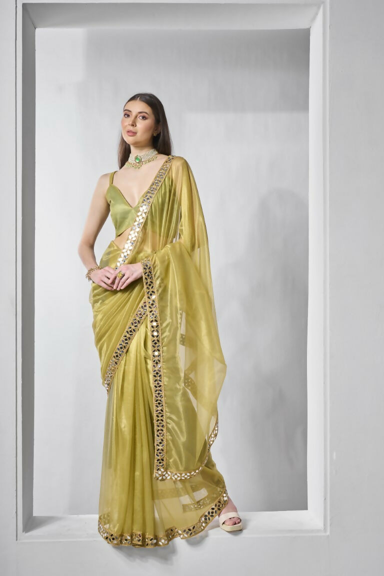 Green Gold Tissue Net Solid & Gold Cotted Saree - Samaa