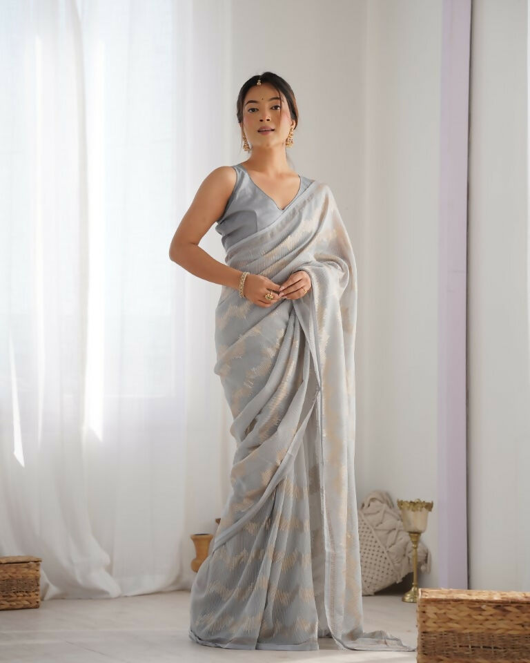 Grey Georgette Sequance Embroidery Work Border Saree - Sitare