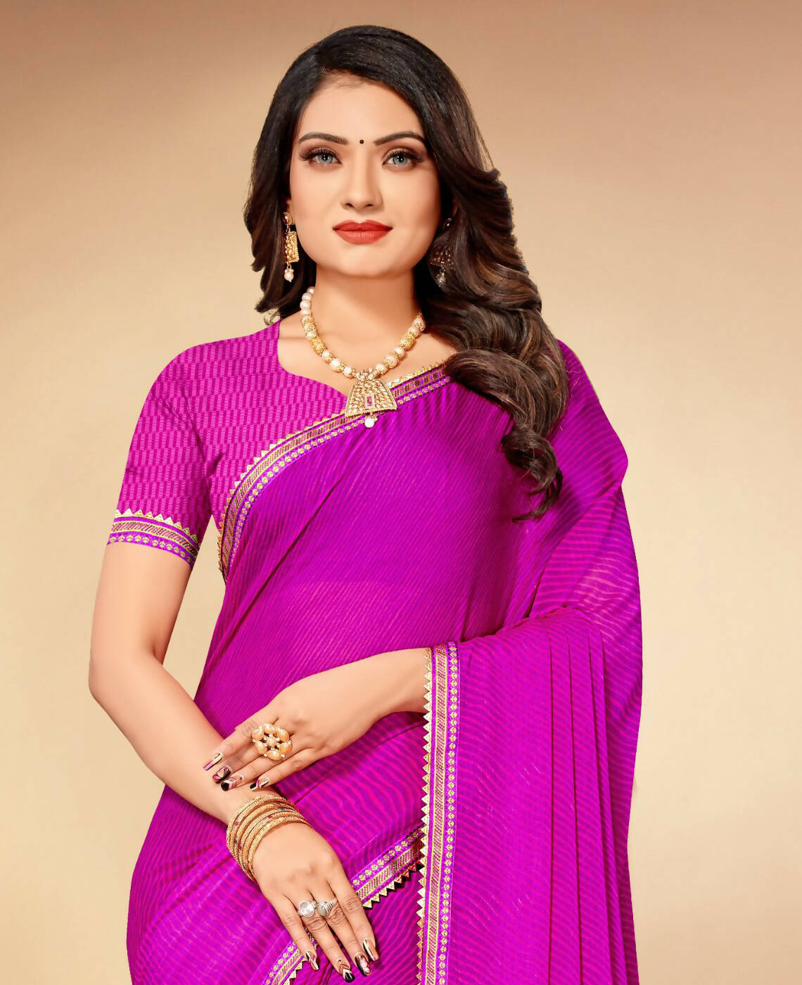 Purple Chiffon Leheriya Printed Saree With Unstitched Blouse Piece - Swarna