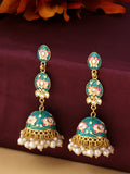 NVR Women Gold-Polished Blue Kundan Jhumkas Earrings