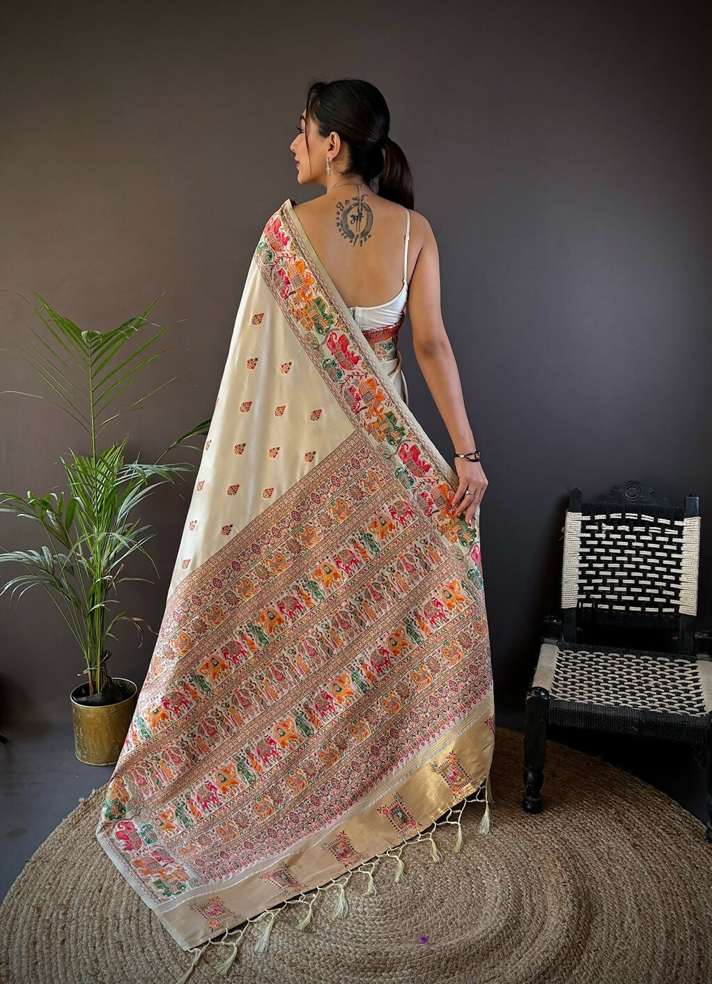 Joban Fashion White Meena Weaves Pashmina Sarees