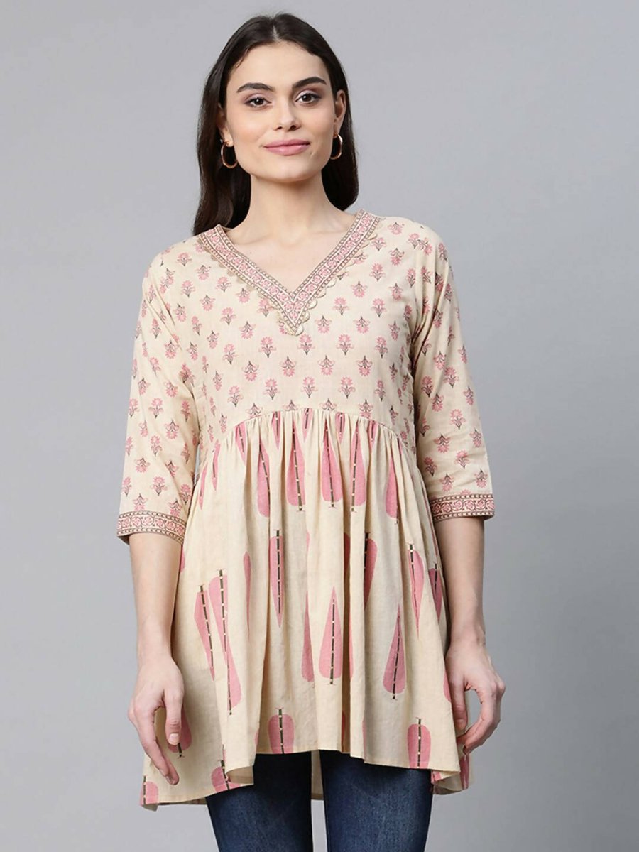 Ahalyaa Women Beautiful Beige Pure Cotton Printed Tunic