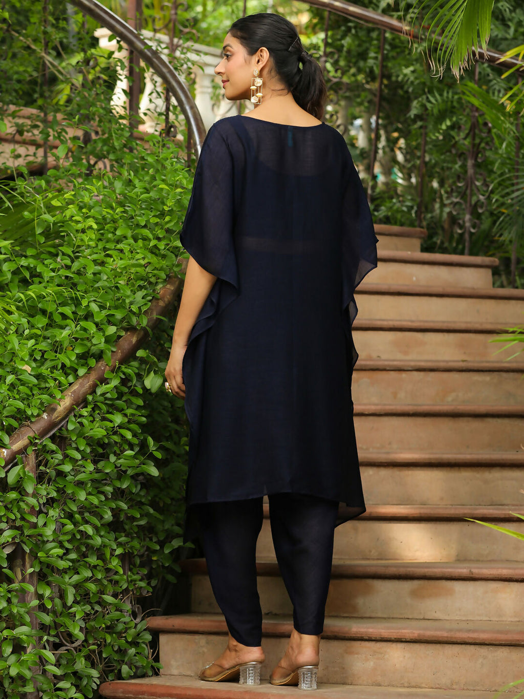 Janasya Navy Blue Silk Blend Yoke Embroidery Co-Ords