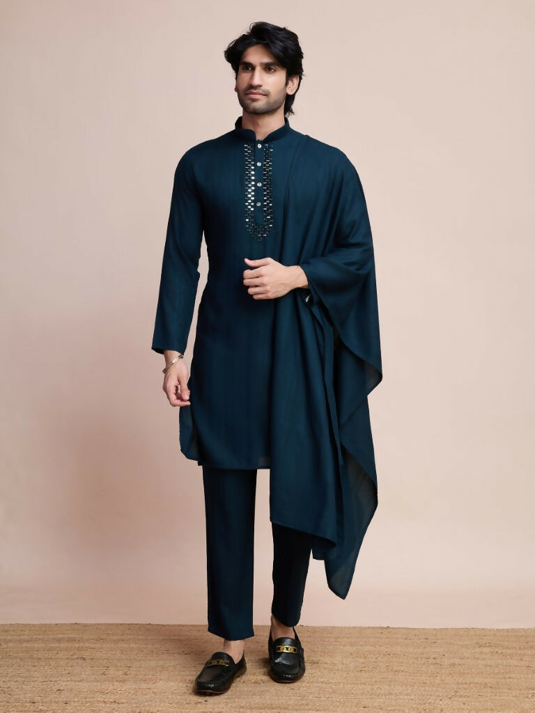 Vastranavya Traditional Festival Wear Viscose Thread & Sequence Embroidered Work Kurta Pant Set - Navy Blue