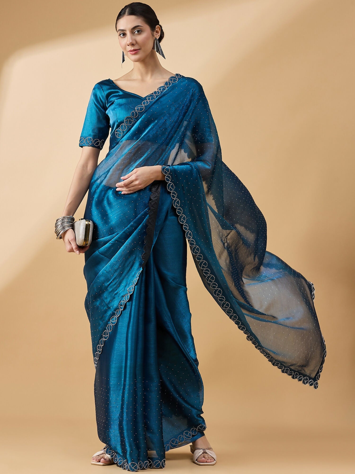 Teal Organza Swaroski Diamond Work Saree with Unstitched Blouse - Radha