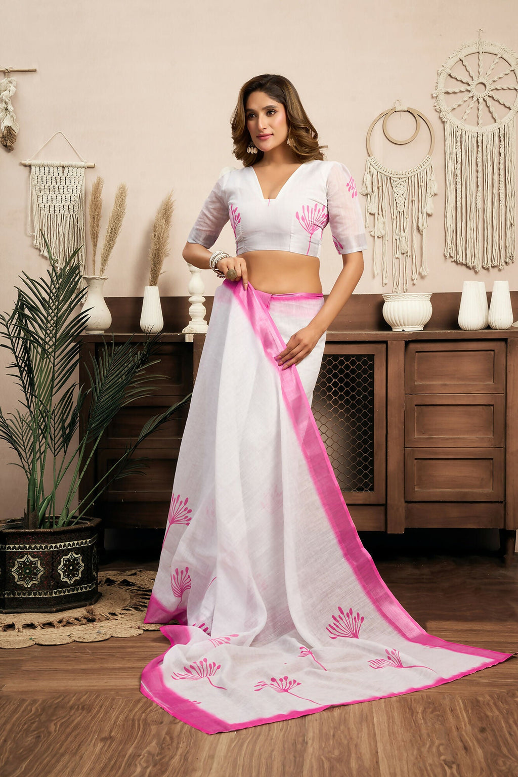 Vastranavya White Digital Printed Linen Ready To Wear Designer Saree with Unstitched Blouse