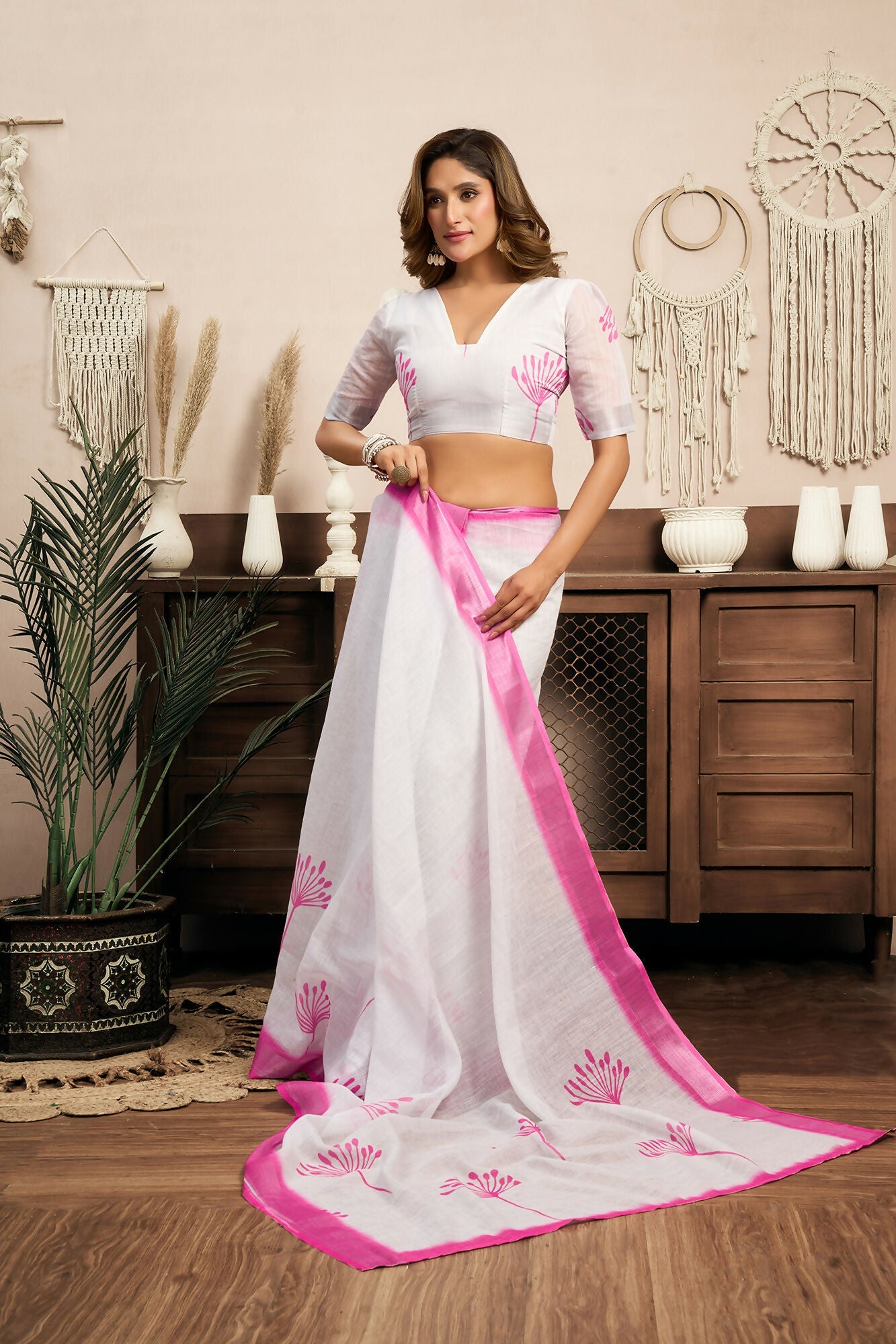 Vastranavya White Digital Printed Linen Ready To Wear Designer Saree with Unstitched Blouse
