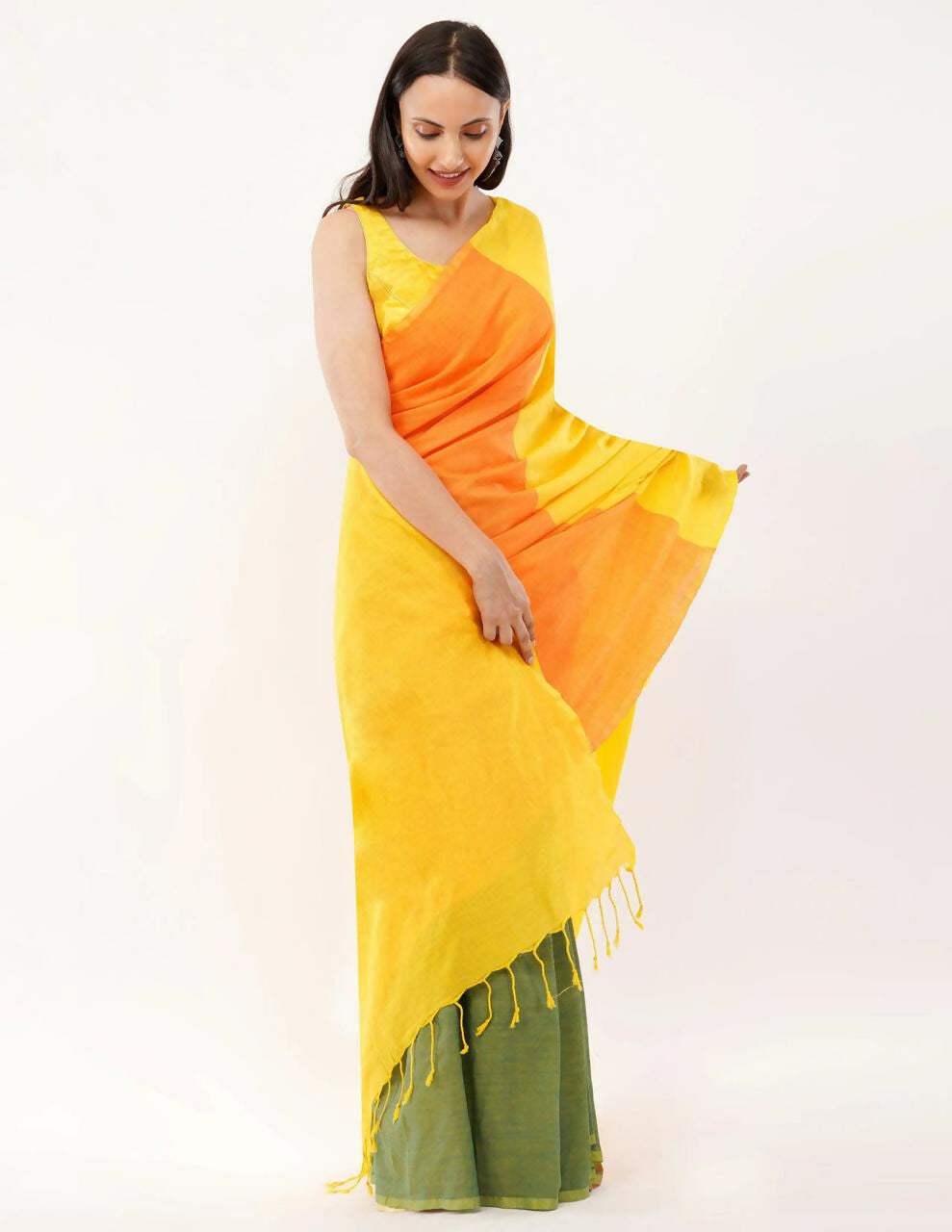 Exclusive Collection Beautiful Khadi Cotton Yellow Orange Green Handloom Saree