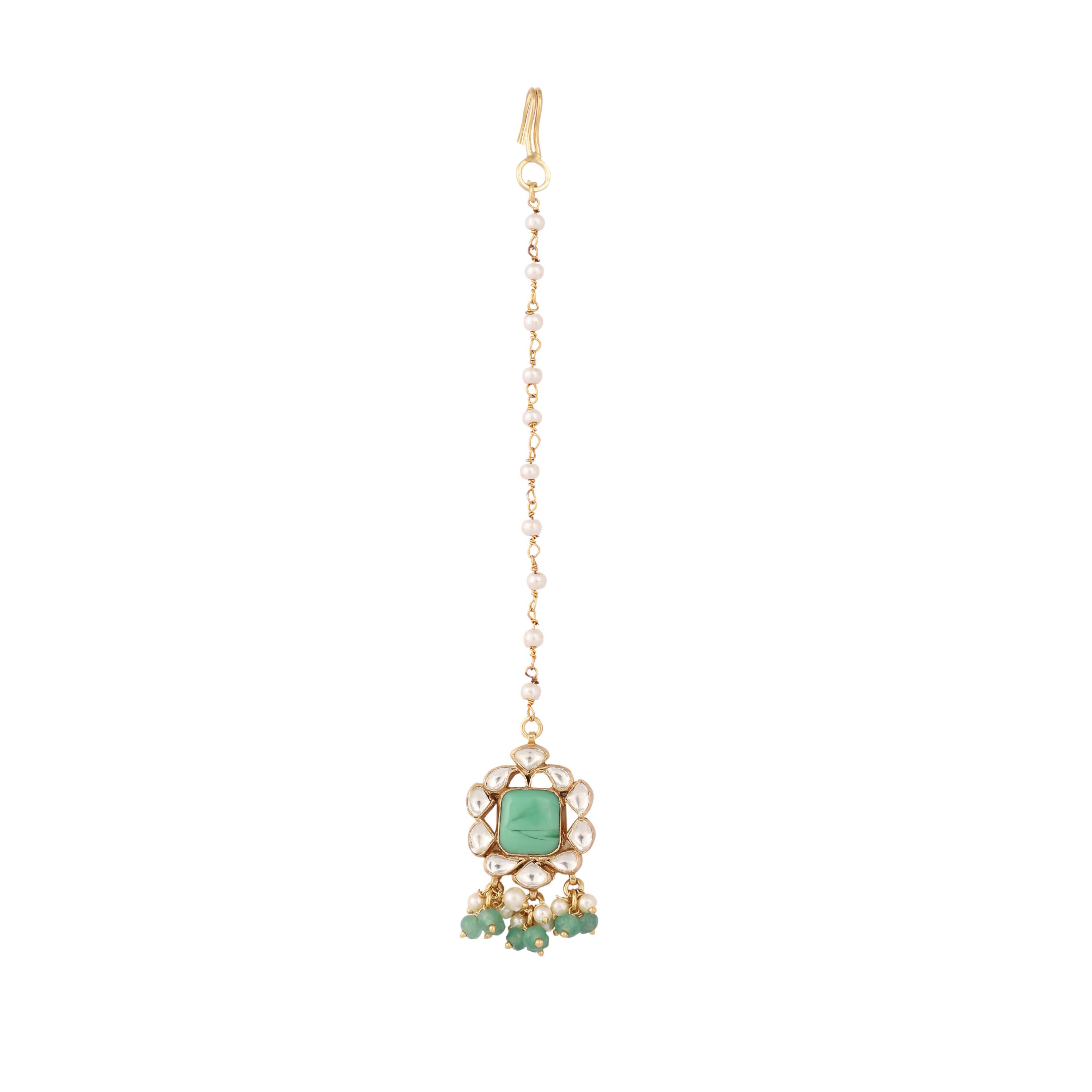 Nuyug 22K Gold-Plated Kundan & Green Stone Embellished Maang Tikka Head Jewellery