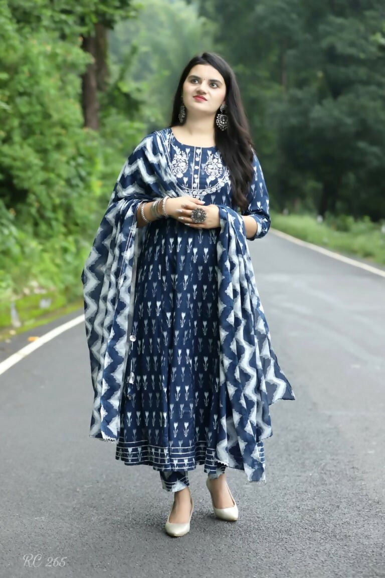 Alvano Anarkali Kurti with Pant and Dupatta set for Women and Girls Printed Cotton (Blue)