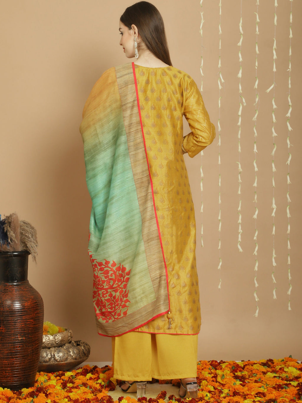 Jyoti Fashion Women's Yellow Chanderi Silk Elegant Jardoshi Semi Kurta with Trouser & Dupatta