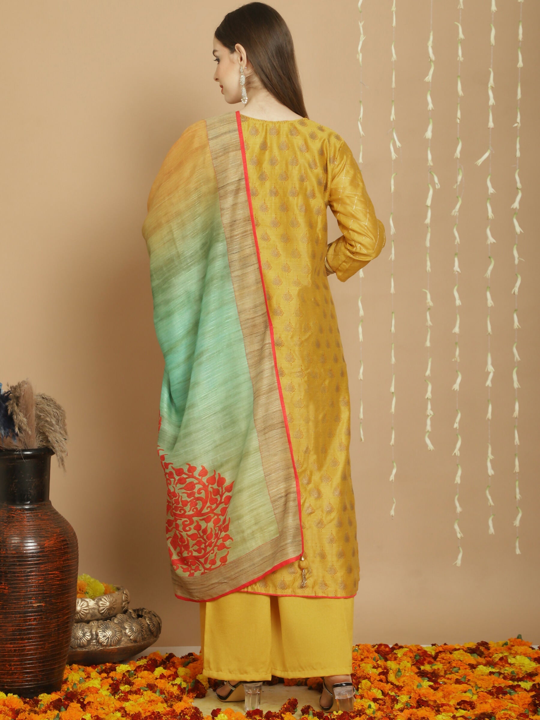 Jyoti Fashion Women's Yellow Chanderi Silk Elegant Jardoshi Semi Kurta with Trouser & Dupatta
