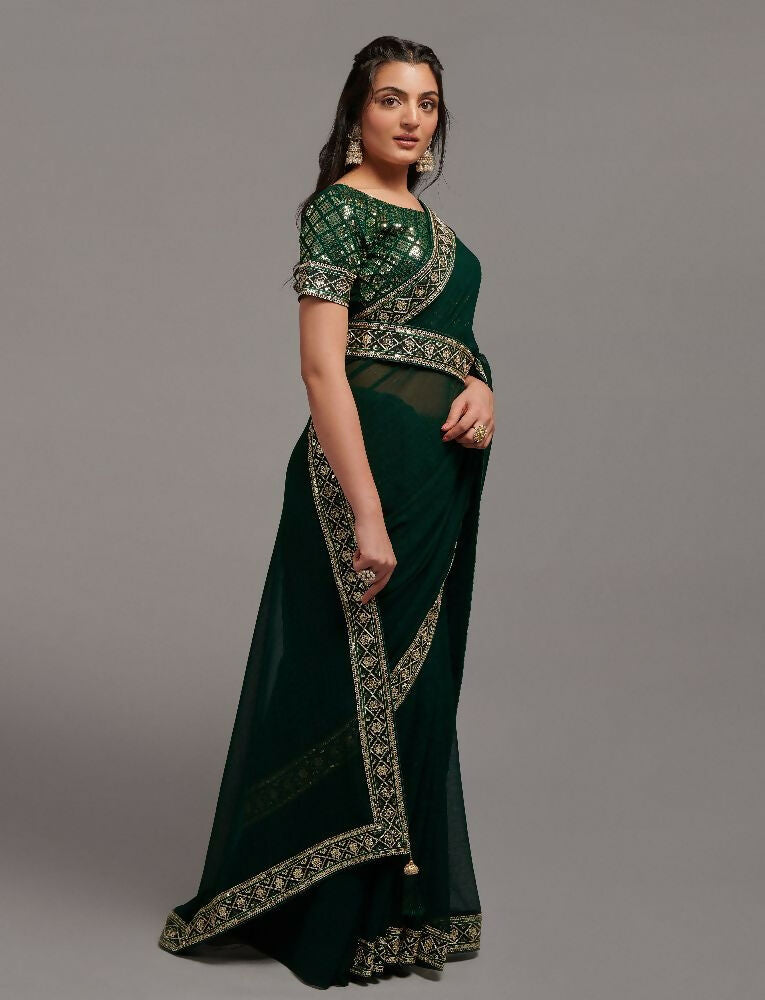 PR Fashion Green Zometo Embroidery Lace Saree