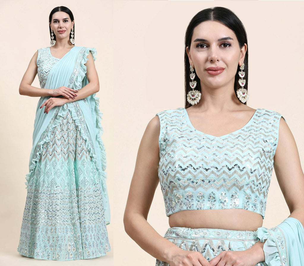Sky Blue Pure Viscose Georgette Thread With Sequins Embroidery Work Lehenga Choli With Dupatta - Tanya