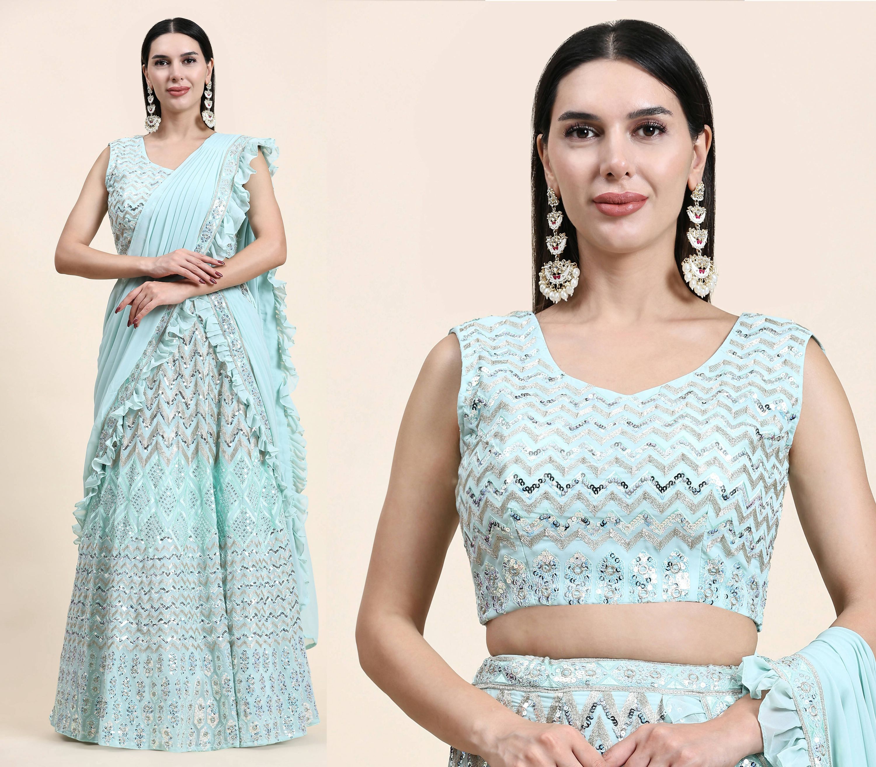 Sky Blue Pure Viscose Georgette Thread With Sequins Embroidery Work Lehenga Choli With Dupatta - Tanya