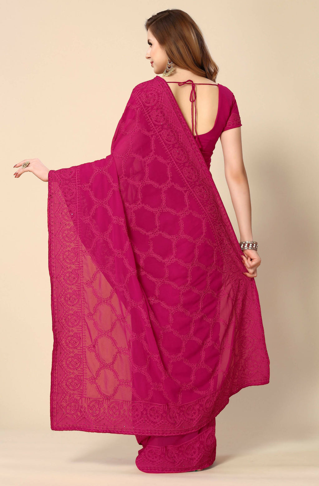 Pink Georgette Embroidered and Stone Work Saree with Unstitched Blouse Piece - Roozal