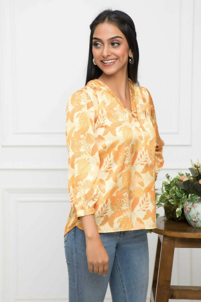 Myshka Women Floral V-Neck Regular Sleeves Polyester Mustard Top